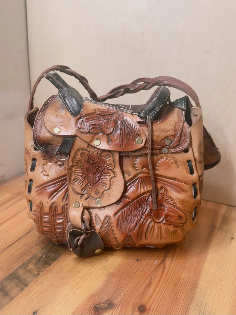 Vintage Handcrafted Tooled Leather Saddle Bag - Brown